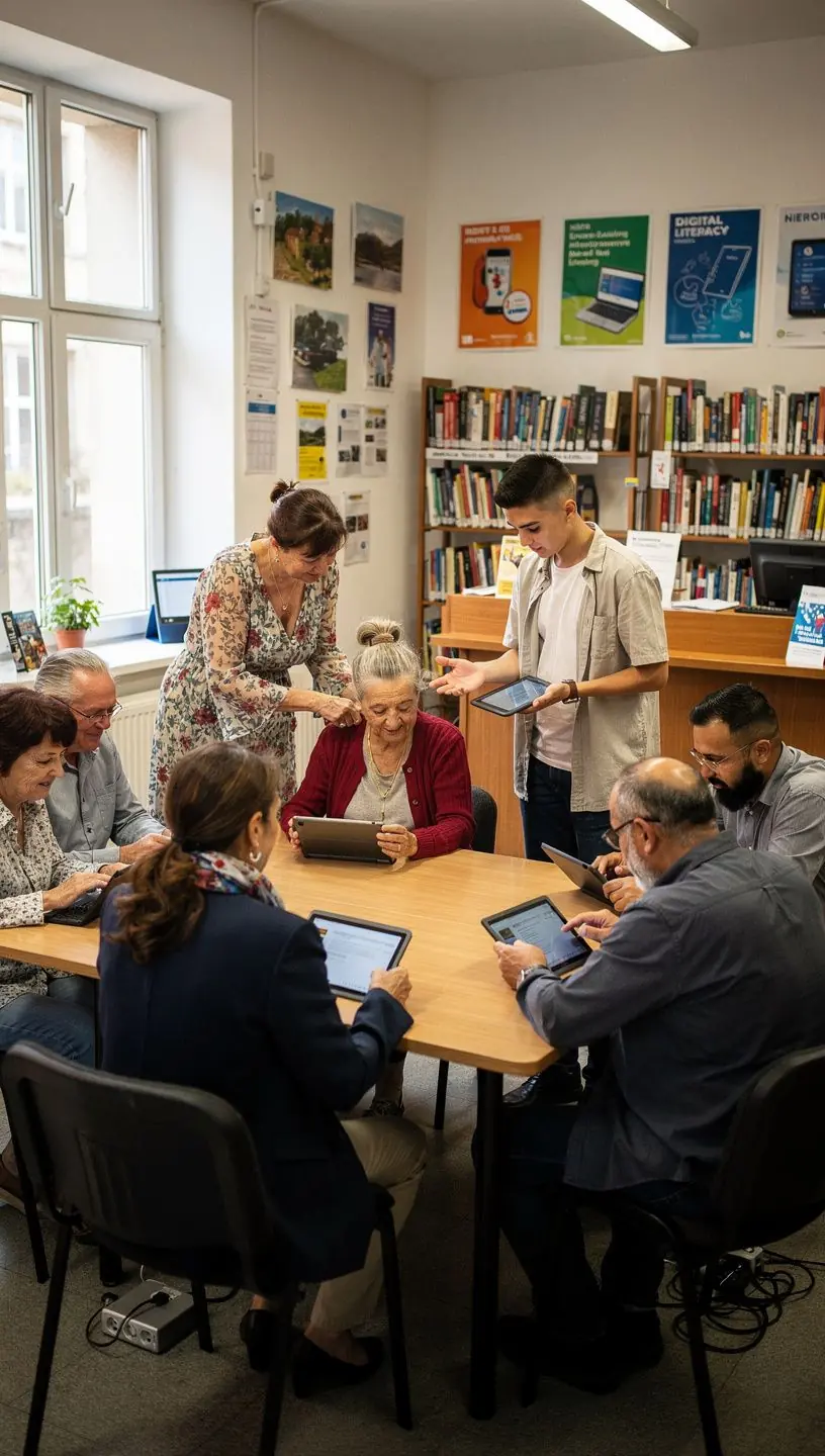 Imaginează un grup de vecini discutând în jurul unei hărți digitale care evidențiază proiecte tehnologice locale.