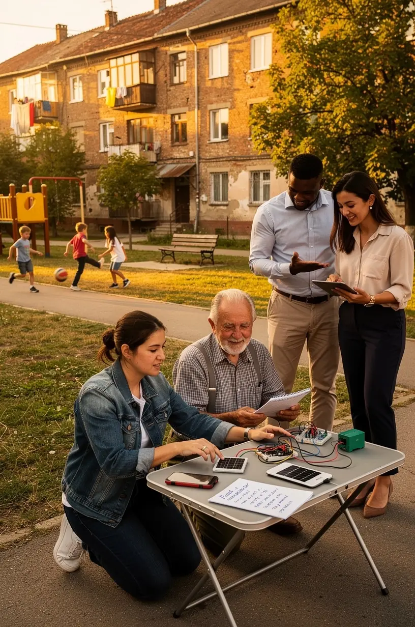 O ilustratie cu un dispozitiv inteligent instalat pe un stâlp de iluminat stradal, îmbunătățind siguranța comunității.